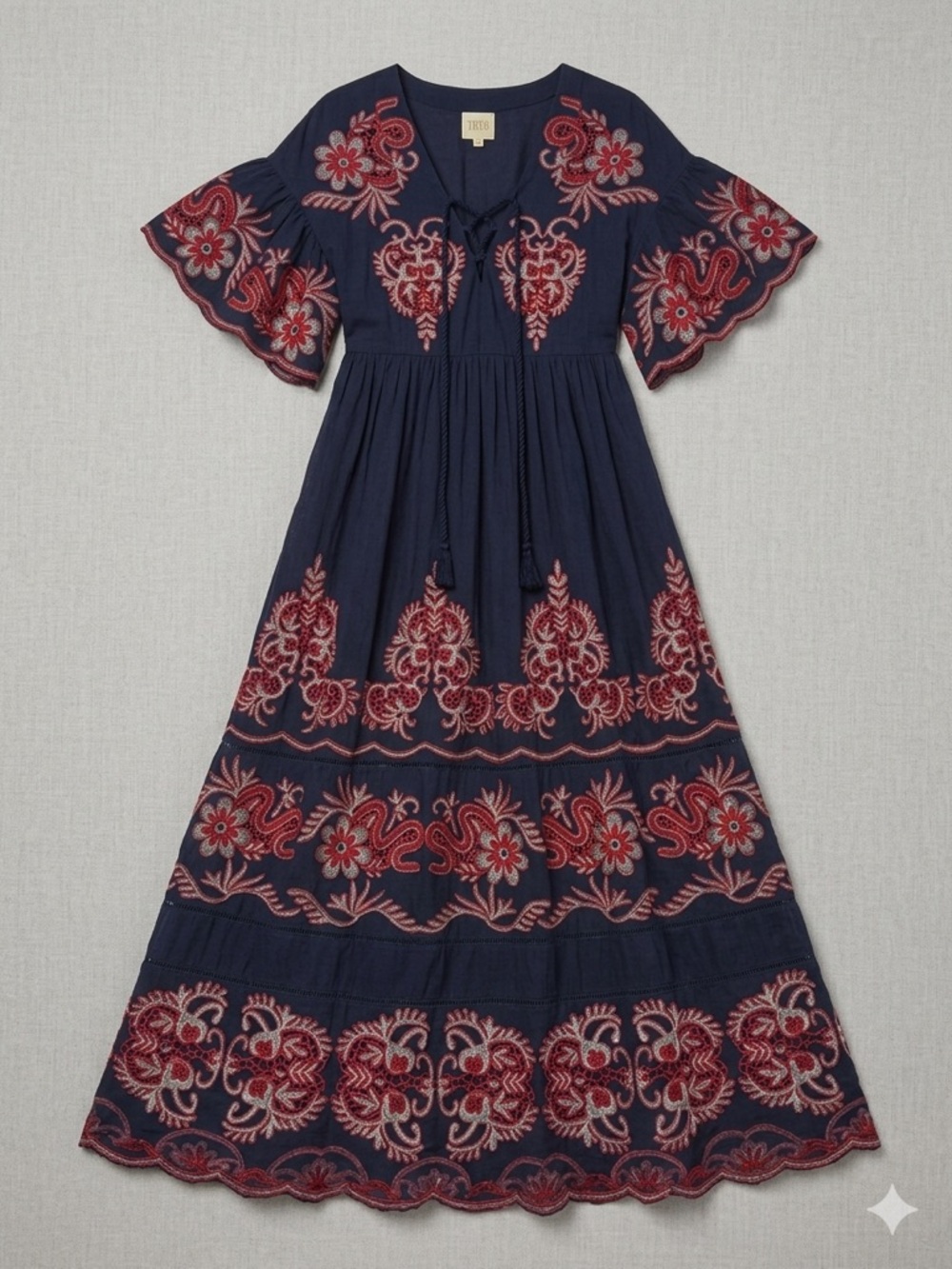 Anthropology TryB  Navy Maxi Dress with Red Floral embroidery Women Dress small